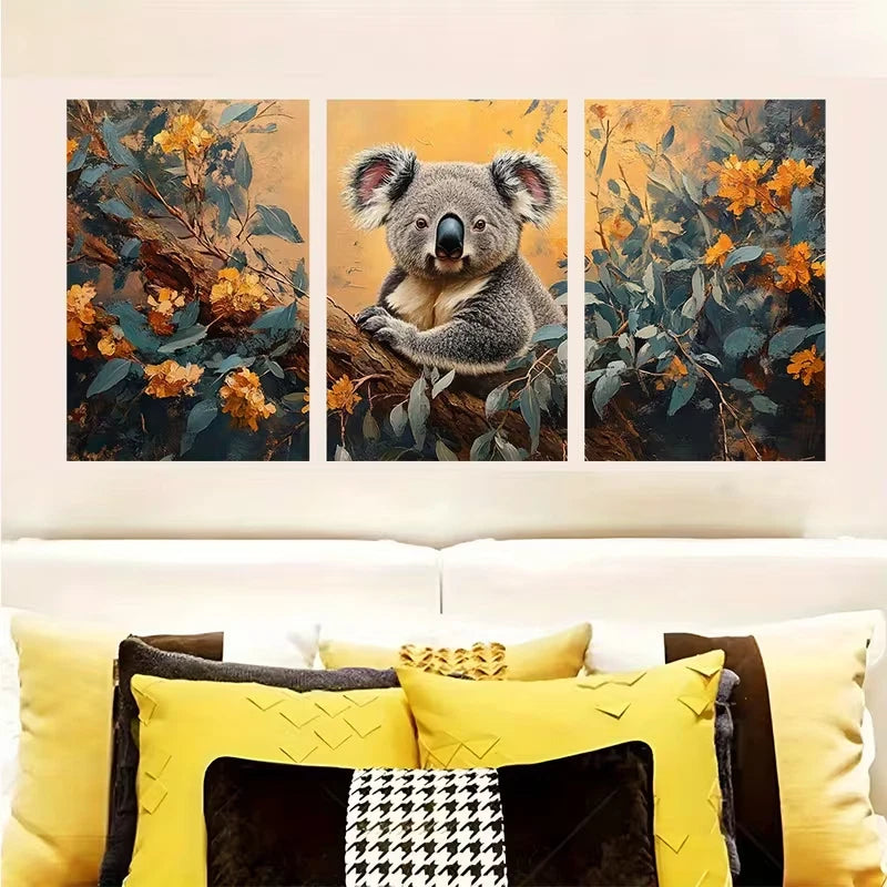 3pcs Koala in Eucalyptus Tree Metal Print Ready to Hang Art