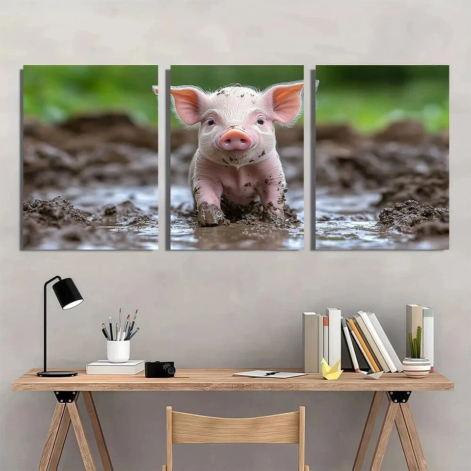 3pcs Adorable Piglet in Mud Funny Animal Metal Print Ready to Hang Art