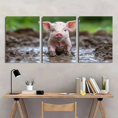3pcs Adorable Piglet in Mud Funny Animal Metal Print Ready to Hang Art