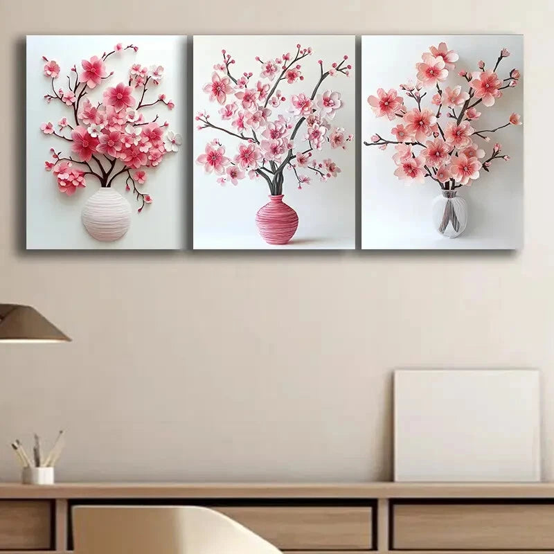 3pcs Cherry Blossom in Vase Floral Design Metal Print Ready to Hang Art