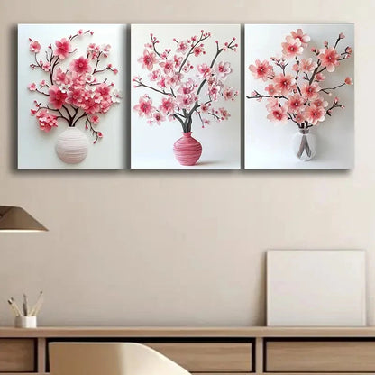 3pcs Cherry Blossom in Vase Floral Design Metal Print Ready to Hang Art