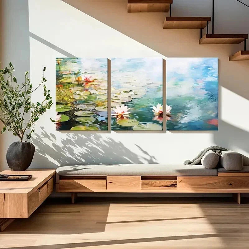 3pcs Abstract Lotus Pond And Flowers Wall Art Set Canvas Framed 40x60cm - High Quality Print 100% Australian Made Wall Canvas Ready to Hang