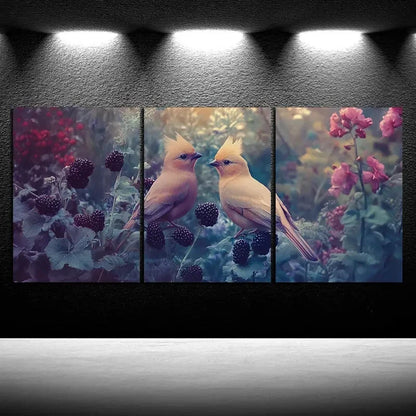 3pcs Two Birds on Blackberry Flowers Metal Print Ready to Hang Art