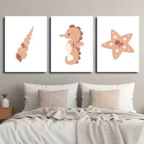3pcs Cute Seahorse Spiral Shell Starfish Wall Art Set Canvas Unframed - High Quality Print 100% Australian Made Wall Canvas