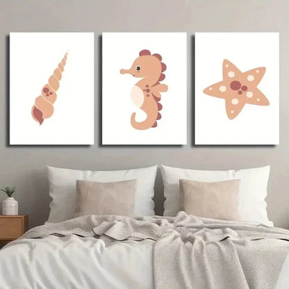 3pcs Cute Seahorse Spiral Shell Starfish Wall Art Set Canvas Unframed - High Quality Print 100% Australian Made Wall Canvas