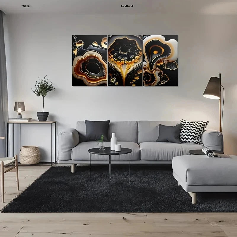 3pcs Modern Geode Painting Black Golden White Metal Print Ready to Hang Art