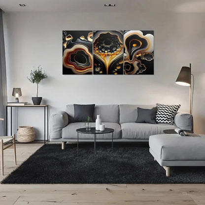 3pcs Modern Geode Painting Black Golden White Metal Print Ready to Hang Art