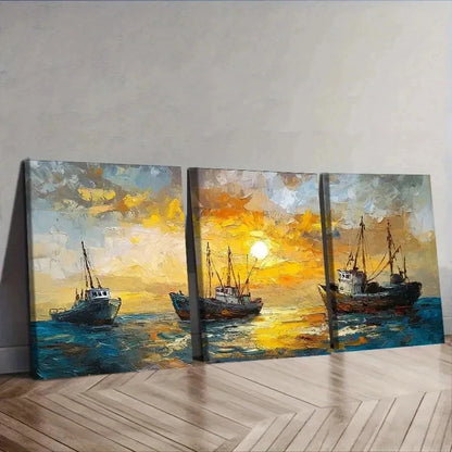 3pcs Vibrant Sunset Boats Scene Decor Wall Art Set Canvas Framed 40x60cm - High Quality Print 100% Australian Made Wall Canvas Ready to Hang
