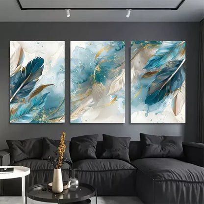 3pcs Blue & White Feathers Abstract Wall Art Set Canvas Unframed - High Quality Print 100% Australian Made Wall Canvas