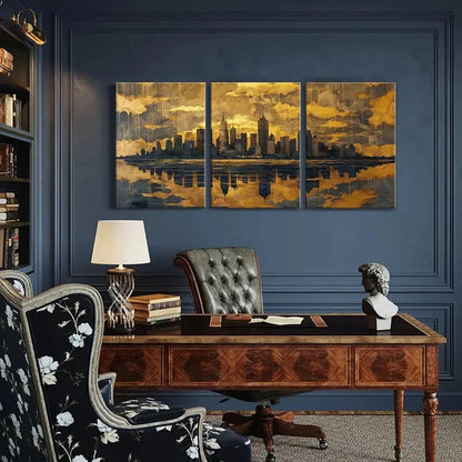 3pcs Golden Sky Cityscape Modern Urban Sky Design Metal Print Ready to Hang Art