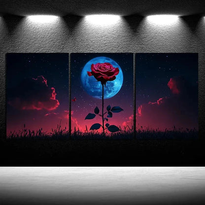 3pcs Red Rose under Moonlight Metal Print Ready to Hang Art