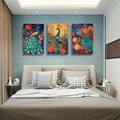 3pcs Peacock and Floral Colorful Nature Prefect Wall Art Set Canvas Unframed - High Quality Print 100% Australian Made Wall Canvas