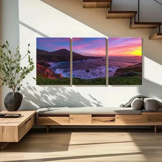 3pcs Mountain Seaside Sea Sunset Modern Wall Art Set Canvas Framed 40x60cm - High Quality Print 100% Australian Made Wall Canvas Ready to Hang