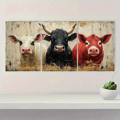 3pcs Highland Cow Donkey Pig Humorous Animal Metal Print Ready to Hang Art