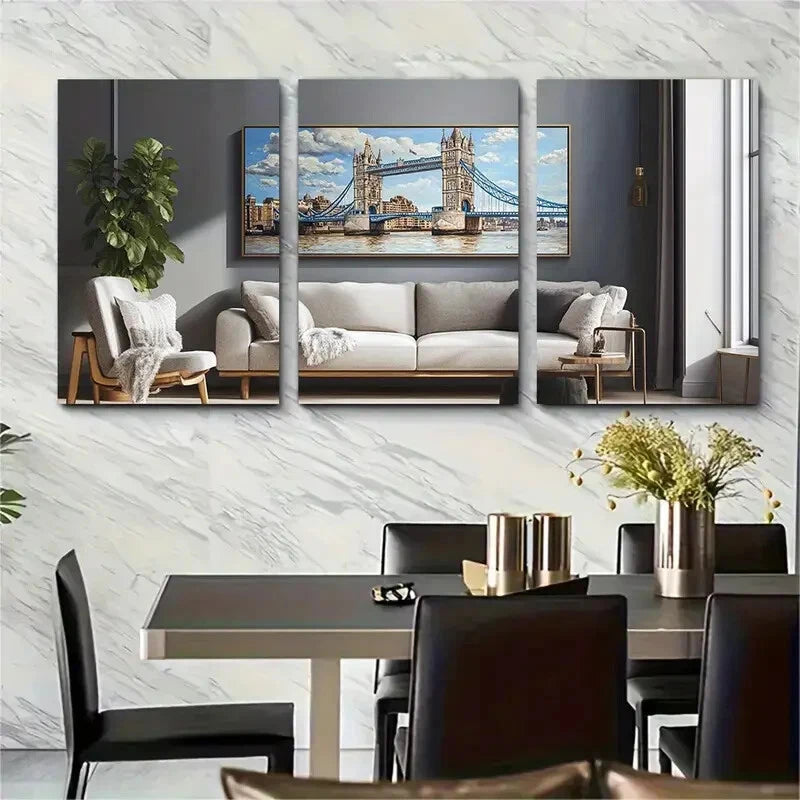 3pcs Vibrant Cityscape with Tower Bridge & Houses Metal Print Ready to Hang Art