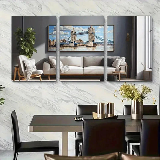 3pcs Vibrant Cityscape with Tower Bridge & Houses Metal Print Ready to Hang Art