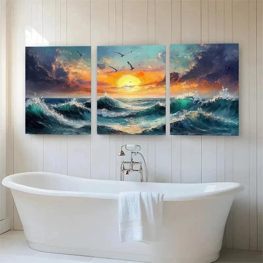3pcs Ocean Sunset  Fiery Sky & Seagulls Perfect Wall Art Set Canvas Framed 40x60cm - High Quality Print 100% Australian Made Wall Canvas Ready to Hang
