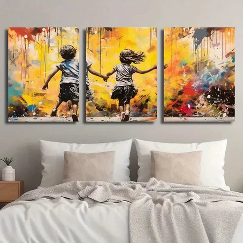 3pcs Boy And Girl Running on a Street Wall Art Set Canvas Unframed - High Quality Print 100% Australian Made Wall Canvas