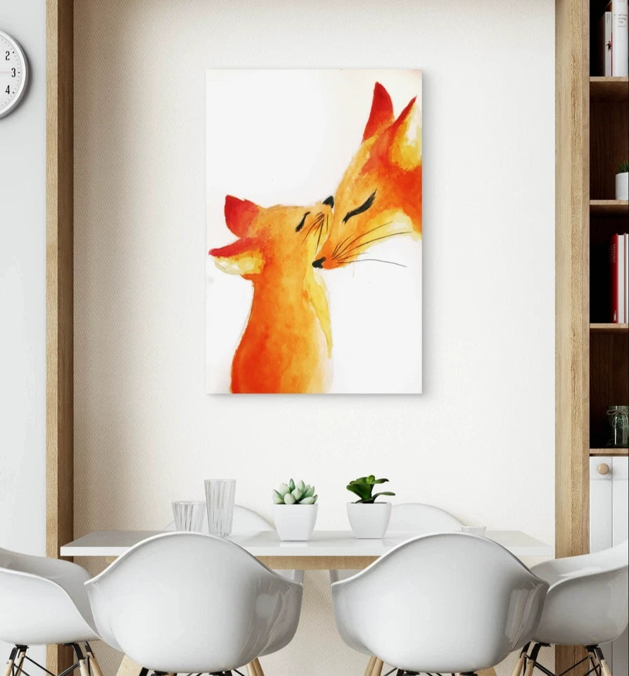 Watercolour Mother and Baby Fox Animals 40x60cm Metal Print Ready to Hang