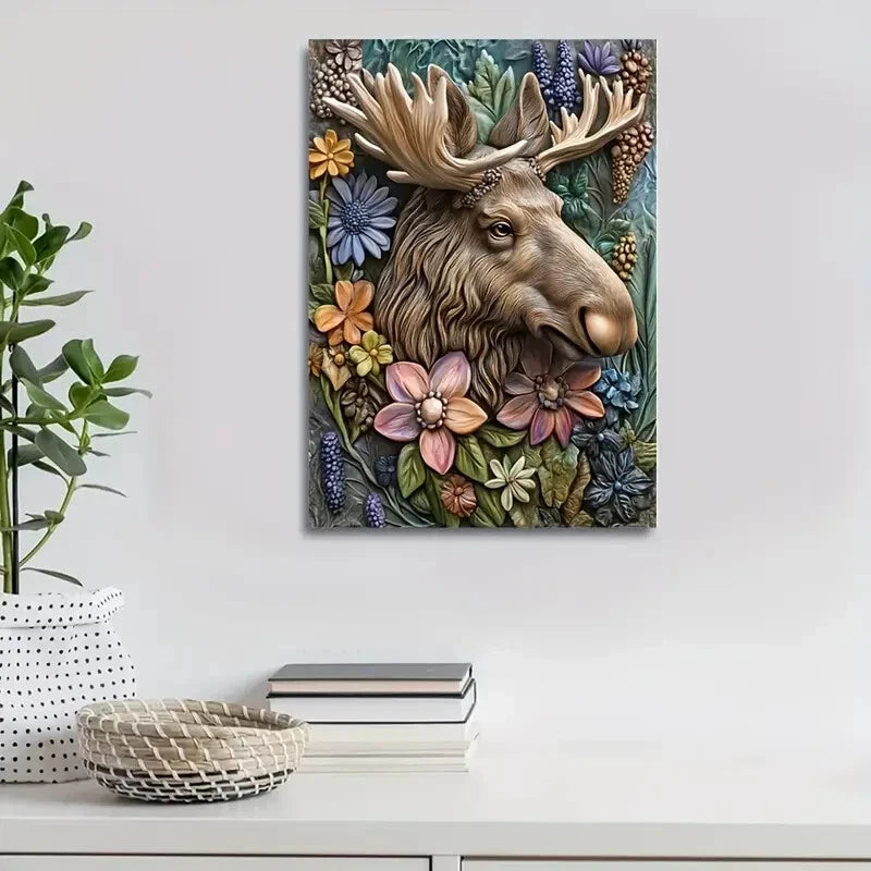 Featuring a Moose Surrounded by Floral Design Painting 40x60cm Metal Print Ready to Hang