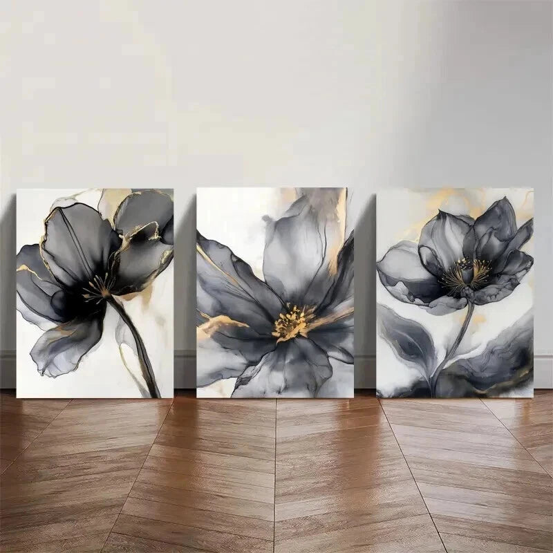 3pcs Black And Golden Abstract Flower Wall Art Set Canvas Framed 40x60cm - High Quality Print 100% Australian Made Wall Canvas Ready to Hang
