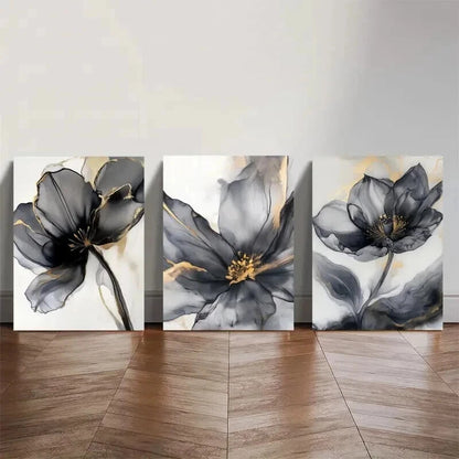 3pcs Black And Golden Abstract Flower Wall Art Set Canvas Framed 40x60cm - High Quality Print 100% Australian Made Wall Canvas Ready to Hang
