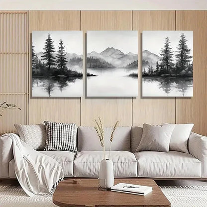 3pcs Black and White Forest Nature Misty Perfect Wall Art Set Canvas Framed 40x60cm - High Quality Print 100% Australian Made Wall Canvas Ready to Hang