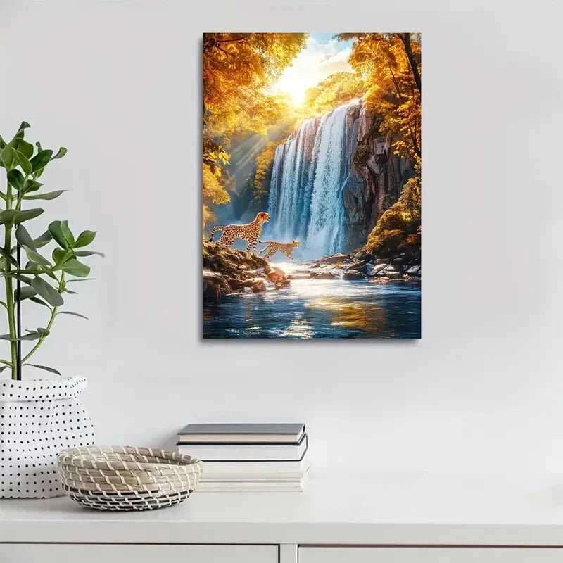 Vibrant Cheetahs by Waterfall Scene Painting 40x60cm Metal Print Ready to Hang