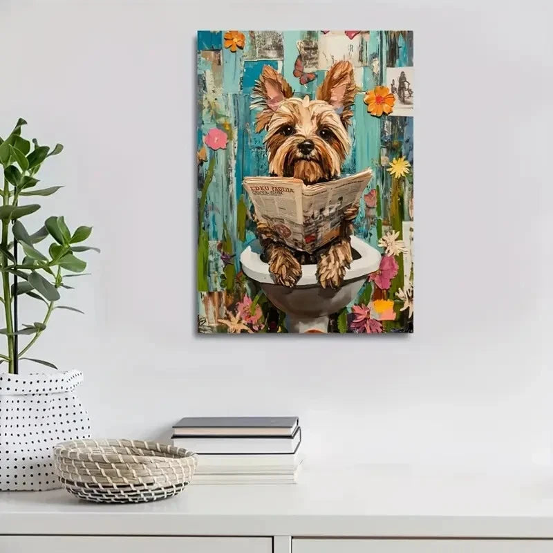 Yorkshire Terrier Reading Newspapers Painting 40x60cm Metal Print Ready to Hang