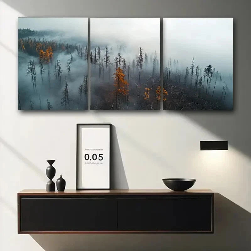 3pcs Foggy Forest Landscape Snow Capped Metal Print Ready to Hang Art