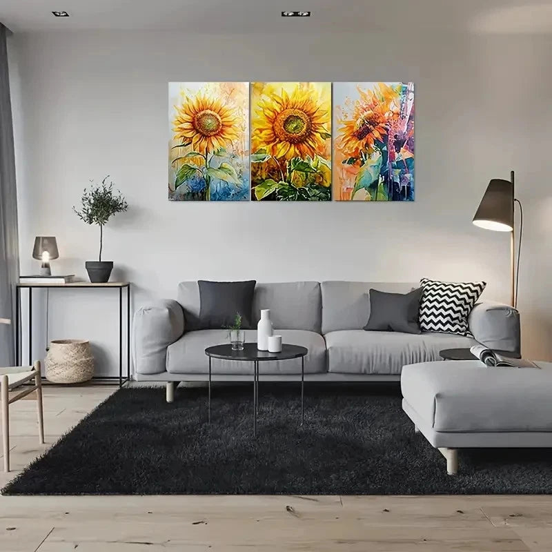 3pcs Sunflower Vibrant Floral Paintings Metal Print Ready to Hang Art