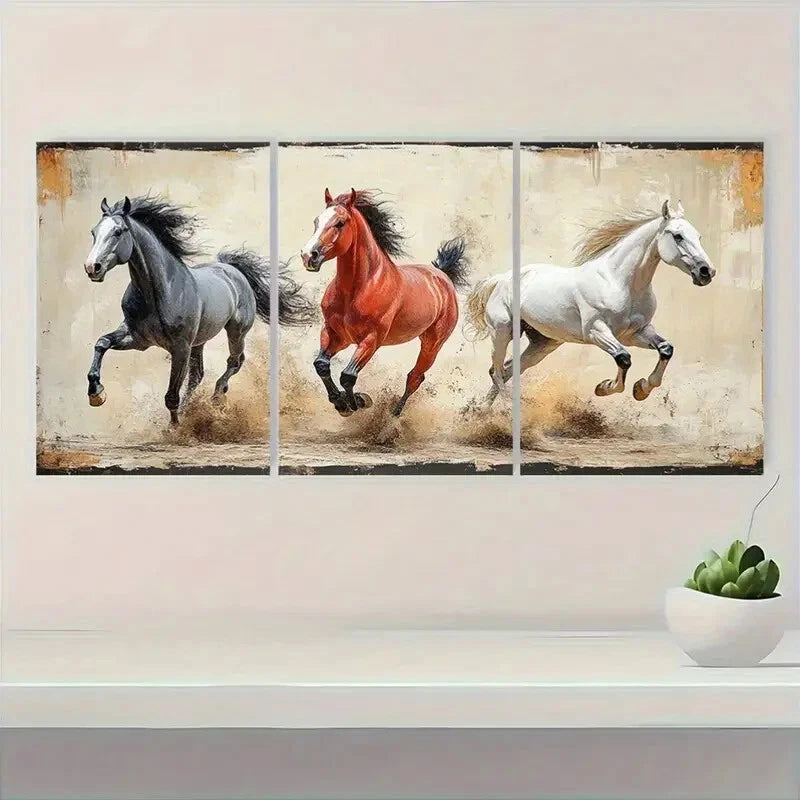 3pcs Vintage Running Horses Elegant Animal Metal Print Ready to Hang Art