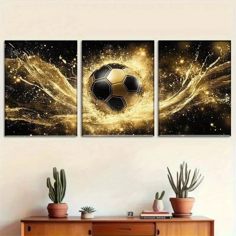 3pcs Golden Soccer with Black & Golden Football Metal Print Ready to Hang Art
