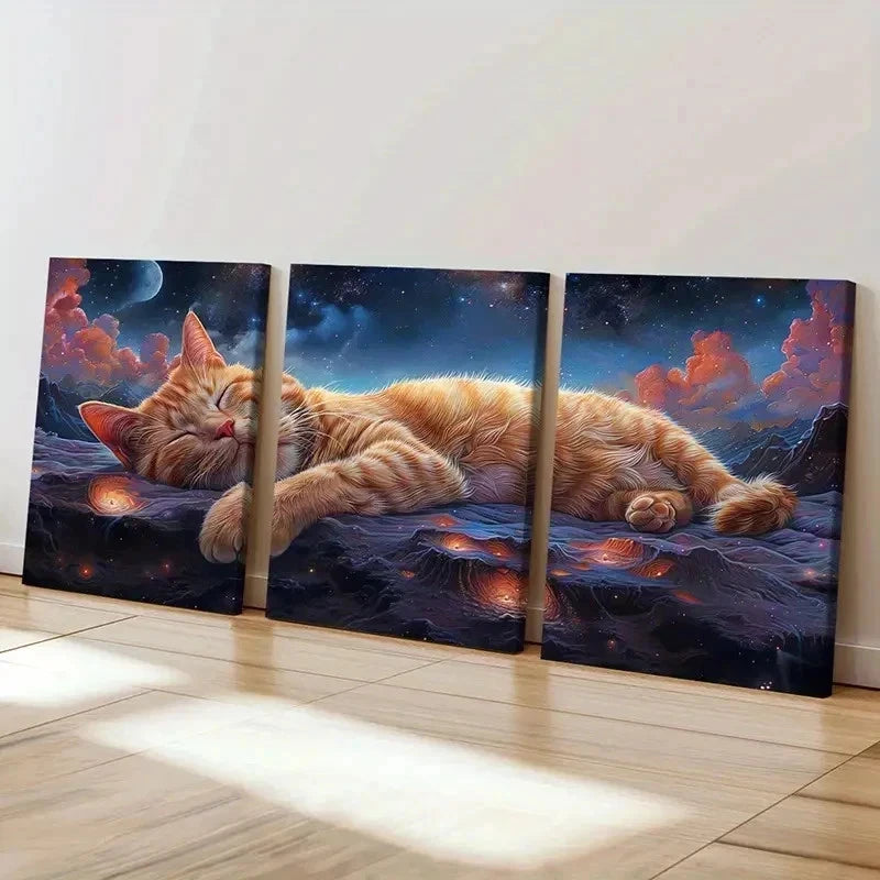 3pcs Slumbering Cat In The Stars Background Wall Art Set Canvas Framed 40x60cm - High Quality Print 100% Australian Made Wall Canvas Ready to Hang