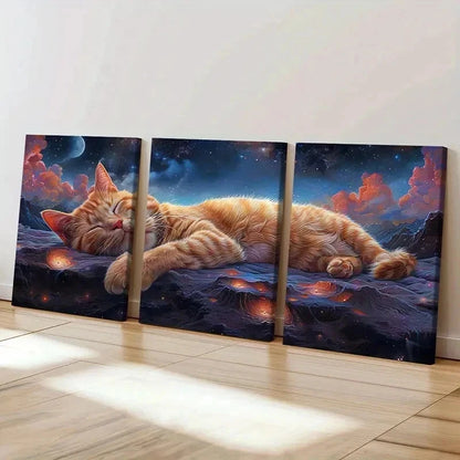 3pcs Slumbering Cat In The Stars Background Wall Art Set Canvas Framed 40x60cm - High Quality Print 100% Australian Made Wall Canvas Ready to Hang