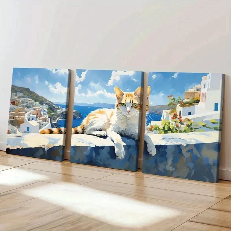 3pcs Abstract Cat & Aegean Sea of Greece Scene Wall Art Set Canvas Framed 40x60cm - High Quality Print 100% Australian Made Wall Canvas Ready to Hang