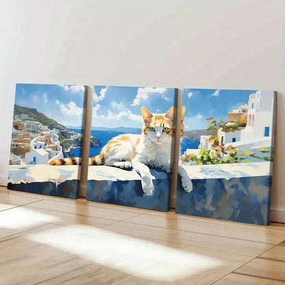 3pcs Abstract Cat & Aegean Sea of Greece Scene Wall Art Set Canvas Framed 40x60cm - High Quality Print 100% Australian Made Wall Canvas Ready to Hang