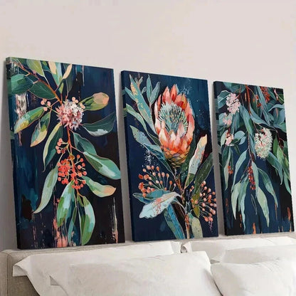 3pcs Blue Leaf Flower Decoration Wall Art Set Canvas Framed 40x60cm - High Quality Print 100% Australian Made Wall Canvas Ready to Hang