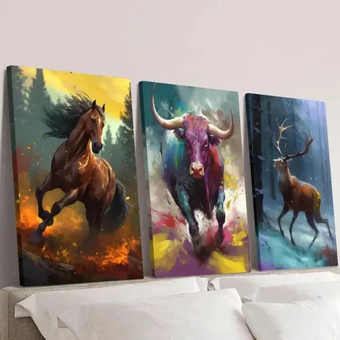 3pcs Horse Bull Deer Running in the Forest Wall Art Canvas Unframed - High Quality Print 100% Australian Made Wall Canvas