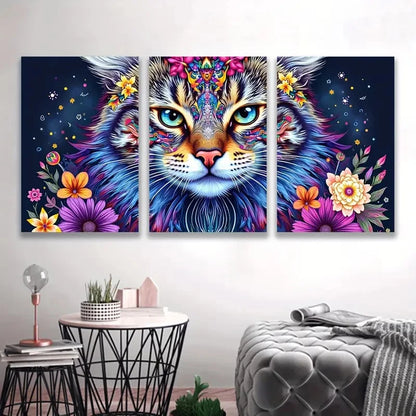 3pcs Colorful Cat with Floral & Starry Design I Wall Art Set Canvas Framed 40x60cm - High Quality Print 100% Australian Made Wall Canvas Ready to Hang