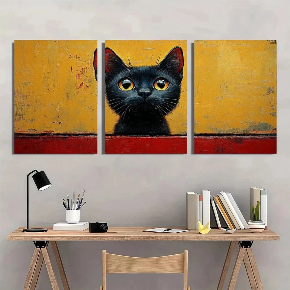 3pcs Whimsical Blue Cat Yellow Backg Metal Print Ready to Hang Art