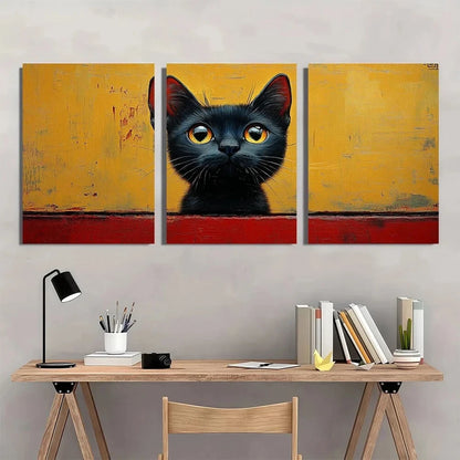 3pcs Whimsical Blue Cat Yellow Backg Metal Print Ready to Hang Art