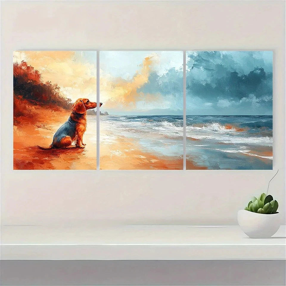 3pcs Dachshund Dog on Beach Nature Metal Print Ready to Hang Art