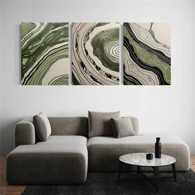 3pcs Abstract Green Wood Tree Rings Metal Print Ready to Hang Art