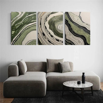3pcs Abstract Green Wood Tree Rings Metal Print Ready to Hang Art