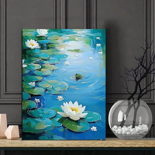 Serene Pond and Water Lilies Scene with Frog 40x60cm Metal Print Ready to Hang
