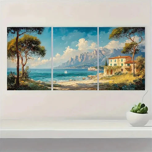 3pcs Long Landscape Seacoast Vintage Wall Art Set Canvas Unframed - High Quality Print 100% Australian Made Wall Canvas