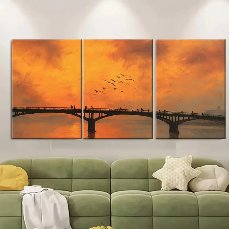 3pcs Bridge and Seagulls Art, Metal Print Ready to Hang Art