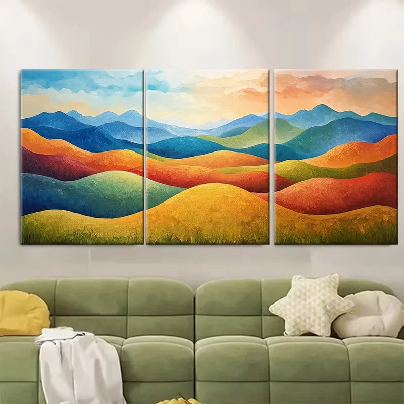 3pcs Vibrant Rolling Hill Mountain Painting Metal Print Ready to Hang Art