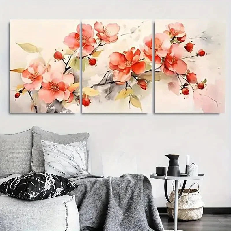 3pcs Peach and Red Blossom Flowers Metal Print Ready to Hang Art